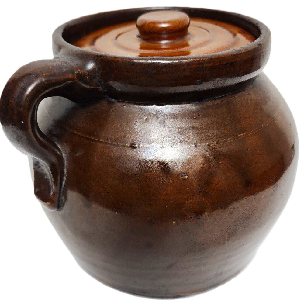 Brown Glaze Stoneware Crock Bean Pot Single Handle with Lid Antique RARE
